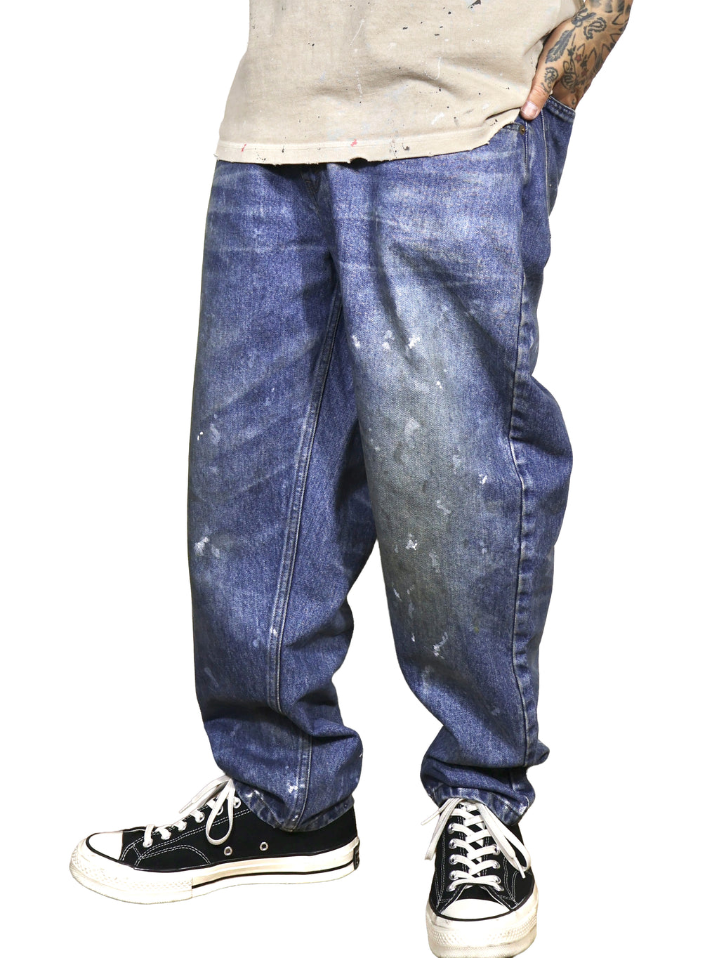 WORN LOOSE DENIM PANTS. 14oz