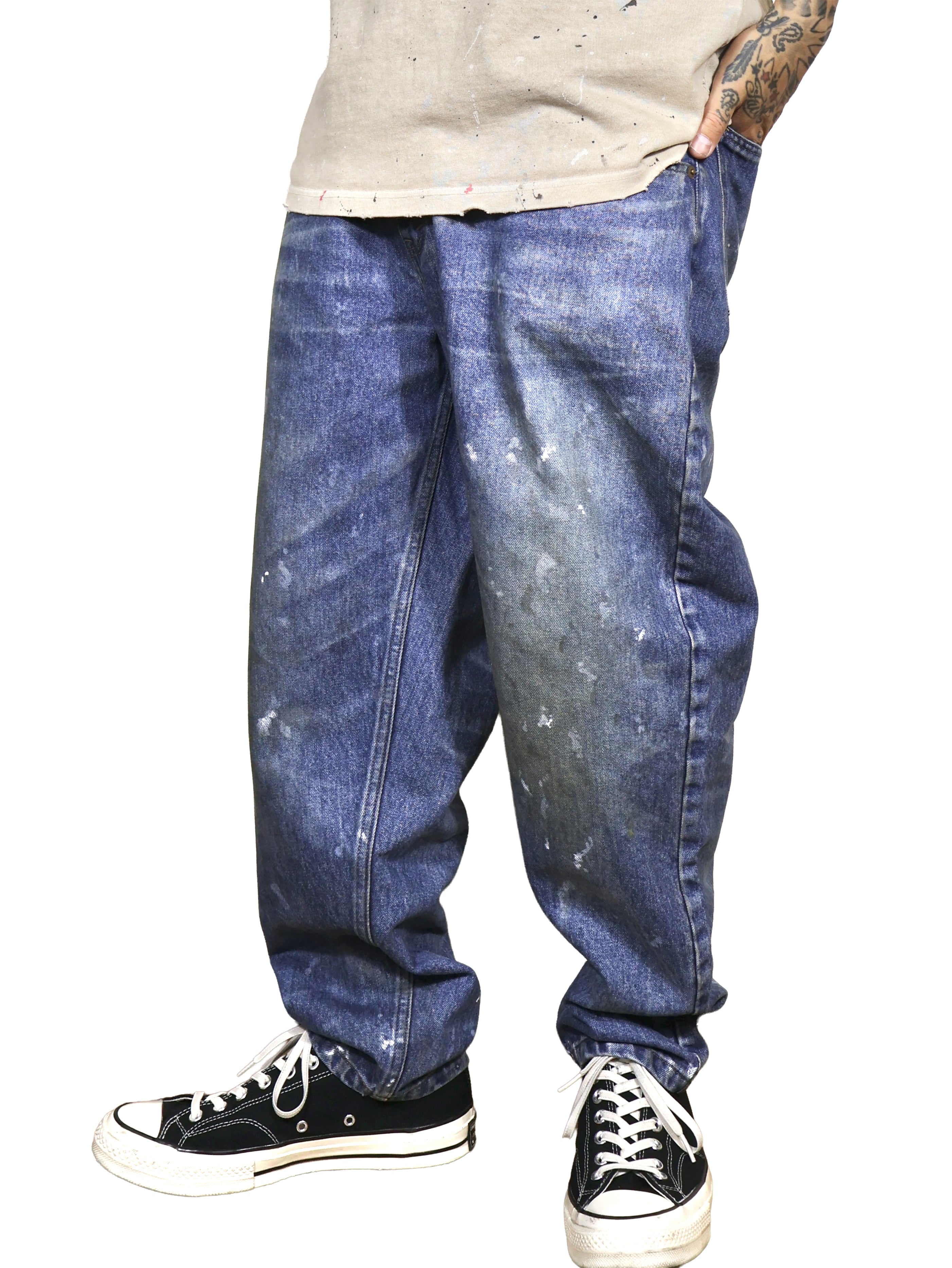 WORN LOOSE DENIM PANTS. 14oz